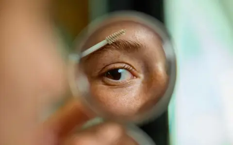 Gros plan sur un œil et un sourcil, une brosse à sourcils est utilisée pour les coiffer. La question est : est ce que les sourcils repoussent ?