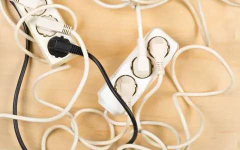Chaotische Kabel und Steckdosen auf Holz. Hier sind einige kabel verstecken ideen, um Ordnung zu schaffen.