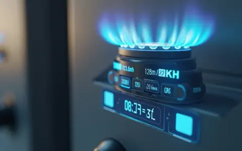 Cyfrowy panel kuchenki gazowej pokazuje zużycie energii w watach na kilowatogodziny, z płomieniem palnika w tle.