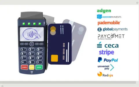 Terminal de pago con tarjetas y logos de pasarelas de pago, ideal para integrar en programas de TPV.