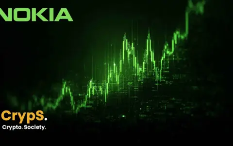 Zielony wykres świecowy symbolizujący akcje Nokia, z logo Nokia i Cryps. Crypto. Society.