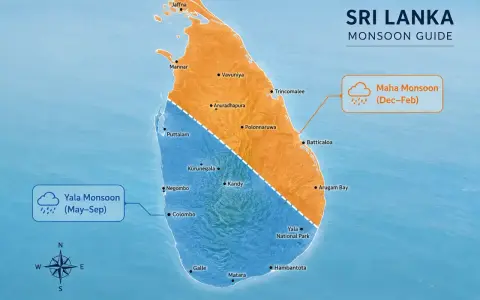 Mapa Sri Lanki z podziałem na monsuny. Planujesz sri lanka wakacje? Sprawdź, kiedy jest najlepszy czas na zwiedzanie!
