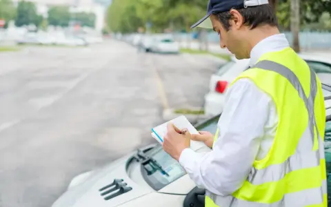 Un ausiliario del traffico con giubbotto catarifrangente scrive su un taccuino, controllando le auto parcheggiate.