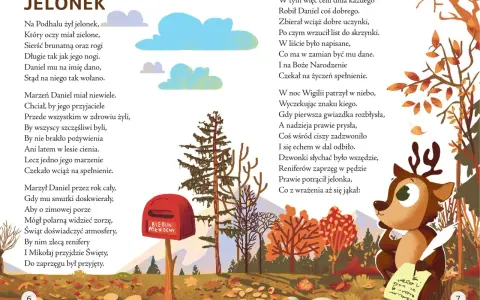 Ilustracja z tekstem "JELONEK" i wierszem o jelonku marzącym o pracy u Świętego Mikołaja. W tle jesienny las, skrzynka "BIEGUN PÓŁNOCNY" i renifer piszący list. To inspiracja do wiejskie przyśpiewki teksty.