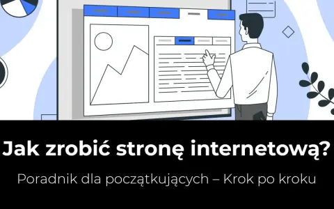 Ilustracja mężczyzny tworzącego stronę internetową na ekranie komputera.