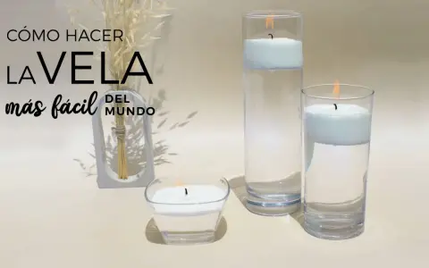 Cómo hacer una vela flotante en agua. Tres velas encendidas en recipientes de vidrio, con texto "La vela más fácil del mundo".
