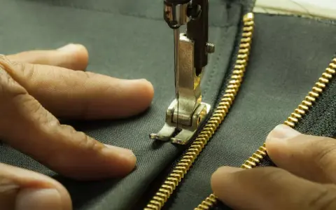Main tenant une fermeture éclair dorée, une aiguille de machine à coudre s'apprête à coudre une fermeture éclair à la main sur un tissu sombre.