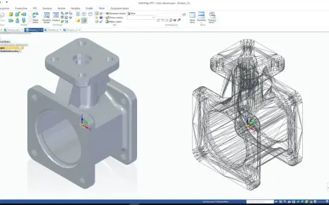 Dwa **druk 3d modele** korpusu, jeden w pełnym kolorze, drugi jako siatka.