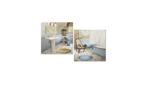 Dos cuadros de baños estilo vintage: uno con lavabo y otro con bañera azul.