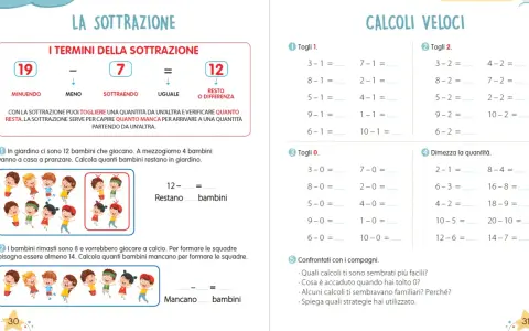 Pagina di esercizi sulle addizioni e sottrazioni in colonna, con esempi visivi e problemi da risolvere.