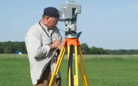 Geodeta precyzyjnie wyznacza granice działki za pomocą tachimetru na statywie, pracując na zielonym polu.