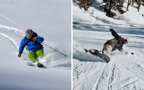 Narciarz w niebieskiej kurtce i snowboardzista w ciemnej kurtce na ośnieżonym stoku.