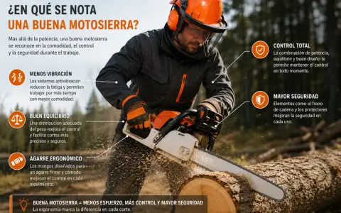 Hombre con equipo de seguridad usando una motosierra, destacando características de los diferentes tipos de motosierras: menos vibración, buen equilibrio, agarre ergonómico, control total y mayor seguridad.