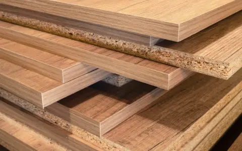 Pile de panneaux de bois, certains avec un placage imitant le bois, d'autres montrant leur cœur granuleux. Les inconvénients du bois MDF incluent sa sensibilité à l'humidité.