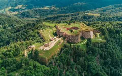 Forteca na zielonym wzgórzu, niczym srebrna góra, otoczona lasem.
