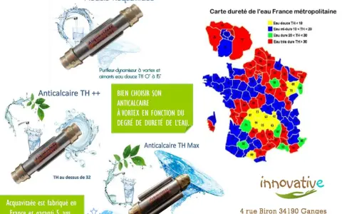 Carte de la dureté de l'eau en France, montrant les zones d'eau calcaire. Des dispositifs anticalcaires Acquavitaée sont présentés.
