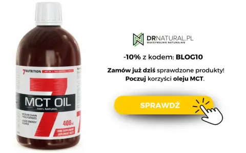 Butelka oleju MCT 100% naturalnego. Sprawdź korzyści i uniknij potencjalnych skutków ubocznych oleju MCT. Zniżka -10% z kodem BLOG10.
