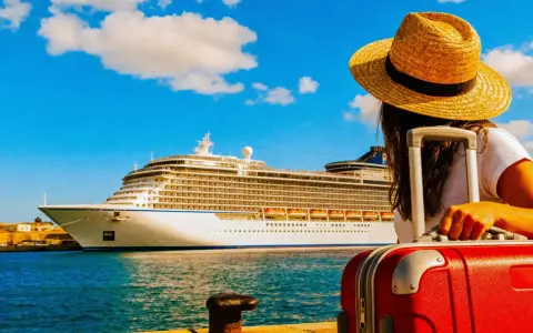 Donna con valigia rossa e cappello di paglia guarda una grande nave da crociera. Forse si paga per scendere dalla crociera.