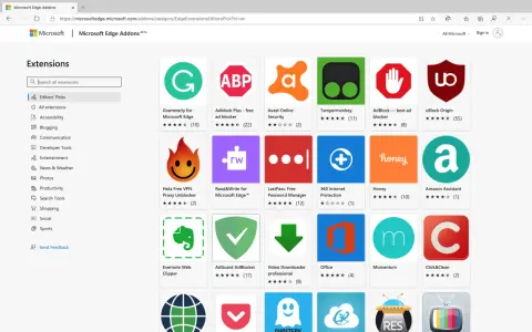 Microsoft Edge Addons-Seite mit vielen Erweiterungen wie Grammarly, AdBlock und Honey.