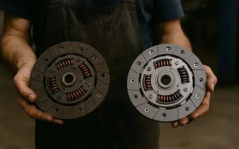 Un meccanico mostra un disco frizione usurato e uno nuovo. I sintomi di una frizione bruciata includono slittamento e odore acre.