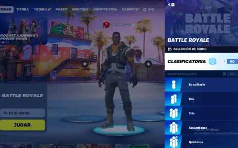 Gracz w Fortnite bez budowania, gotowy do gry w trybie Battle Royale. Wybiera opcję "En solitario" (Samotnie).