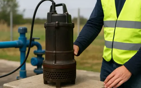 A person in a high-visibility vest holds a submersible pump next to blue pipes.