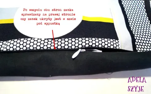 Wszywanie zamka krytego: sprawdzamy, czy jest ukryty w szwie pod wypustką. Detal poszewki z ozdobną taśmą.