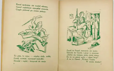 Ilustracja do wiersza "Paweł i Gaweł". Paweł poluje w pokoju, przewracając meble. Gaweł prosi go o ciszę.