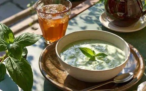Deliciosa crema de pepino servida en un cuenco, acompañada de un vaso de té helado y hojas verdes frescas.