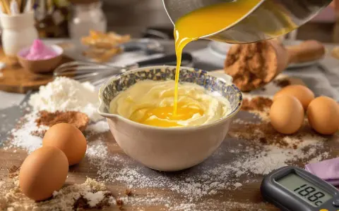 Préparation d'une pâte à bombe : du beurre fondu est versé dans un bol de crème. Farine, cacao, œufs et thermomètre à proximité.