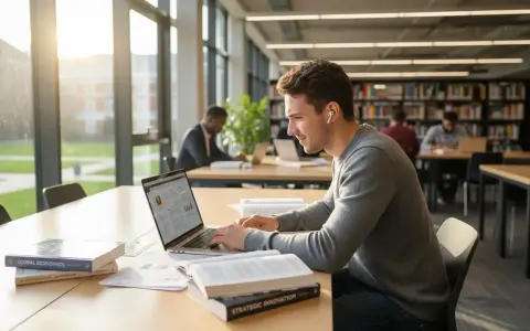 Młody mężczyzna pracuje na laptopie w bibliotece, otoczony książkami. Jego indywidualny tok studiów wymaga skupienia i samodzielności.
