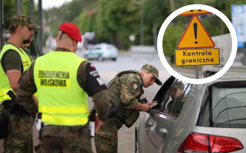 Żołnierze Żandarmerii Wojskowej przeprowadzają kontrolę graniczną. Na znaku drogowym widnieje napis "Kontrola graniczna".