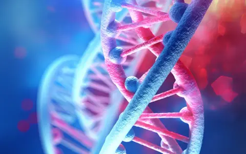Doppia elica del DNA, simbolo di innovazione e editing genomico, con sfumature blu e rosse.
