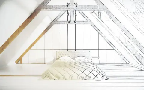 Progetto di una mansarda casa con letto, armadi e travi a vista.