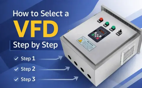 Panel sterowania z wyświetlaczem cyfrowym i przyciskami, obok tekst "How to Select a VFD Step by Step". To jest przetwornik częstotliwości.