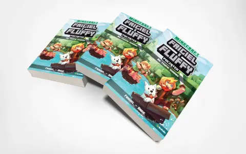 Trzy książki "Frigiel i Fluffy" na okładce mają postacie z gry Minecraft, które płyną łódką.