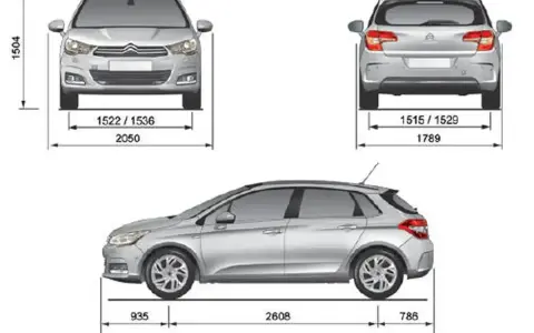 Schemat Citroen C4 z wymiarami: wysokość 1504 mm, szerokość przód 2050 mm, szerokość tył 1789 mm, długość 4329 mm.