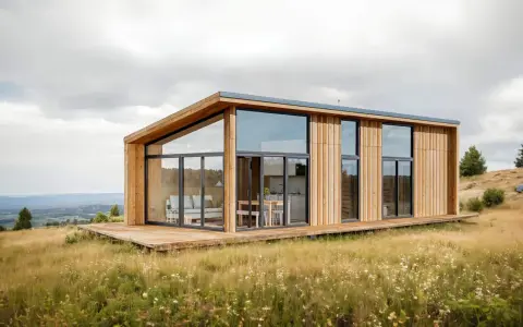 Maison moderne en bois avec grandes baies vitrées, nichée dans un paysage champêtre. Un projet construction maison idéal pour les amoureux de la nature.