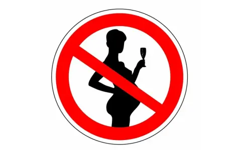 Verbotsschild: Silhouette einer schwangeren Frau mit Sektglas, durchgestrichen. Kein Alkohol in den ersten 4 Wochen der Schwangerschaft.