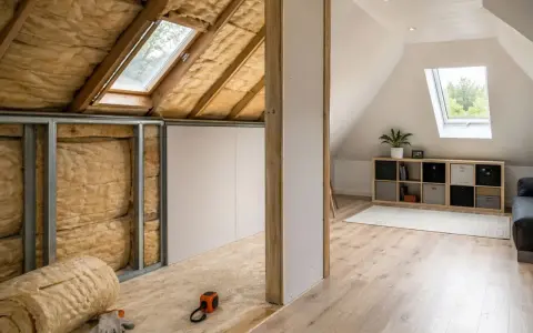 Aménagement de combles : isolation en laine de verre, murs en plaques de plâtre et sol en OSB. Fenêtres de toit et étagères.
