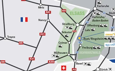 Karte zeigt die Anreise nach Rust/Ringsheim, mit Hinweisen zu Europa-Park und Rulantica.