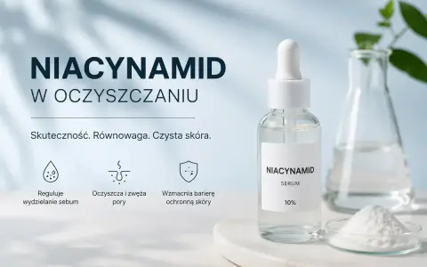 Szklana butelka z serum niacynamidowym, proszek w szalce Petriego i kolba laboratoryjna.