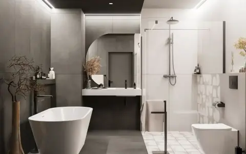 Nowoczesna łazienka z wanną i prysznicem. Efektowne układanie płytek 120x60 na ścianie dodaje elegancji.