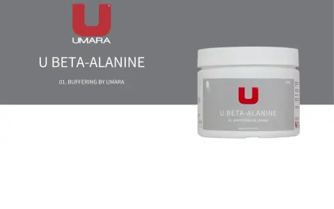 En burk U BETA-ALANINE från UMARA. Denna produkt är designad för att ge en buffrande beta alanin effekt.