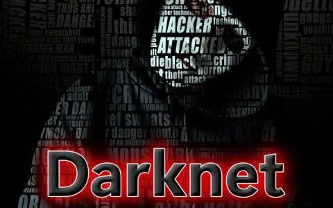 Silhouetten und Begriffe wie "Hacker", "Crime" und "Danger" umgeben das Wort "Darknet".