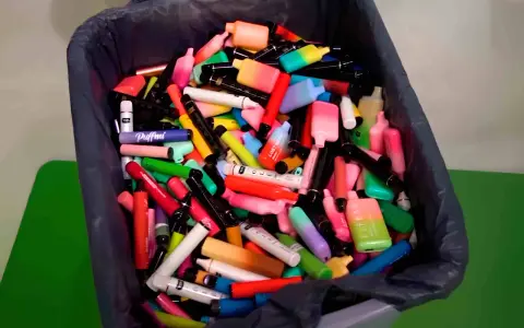 Contenedor lleno de vapes desechables de colores. ¿Qué hacer con un vape desechable? Reciclaje responsable.