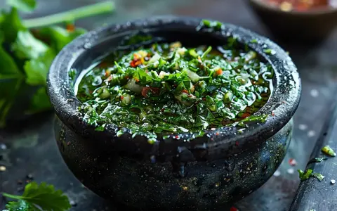 Frisches, grünes Chimichurri im Steinmörser, ein authentisches argentinisches Rezept. Perfekt für gegrilltes Fleisch.