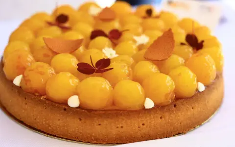 Tarte aux abricots, une spécialité de Metz, garnie de fruits brillants et de décorations délicates.