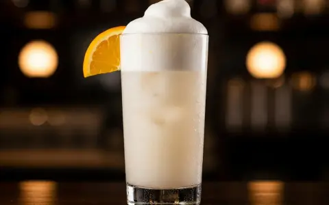 En krämig Ramos Gin Fizz med apelsinskiva, perfekt för en sofistikerad kväll.