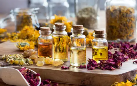 Botellas con aceites esenciales y pétalos de rosa, manzanilla y caléndula. Ideas para saber como hacer esencias aromaticas caseras.